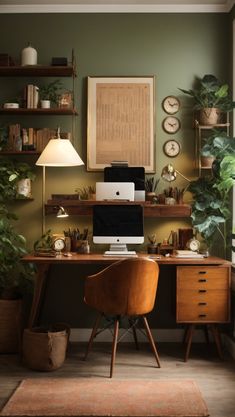 a desk with a computer on top of it next to a lamp and potted plants