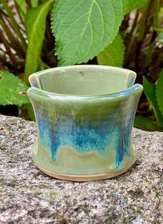 a blue and green vase sitting on top of a rock next to a leafy plant