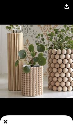 three wooden vases with plants in them