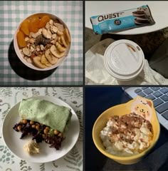 four pictures with different foods in them on top of a table next to a laptop