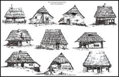 an old drawing of thatched roof houses in different styles and sizes, from the 19th century to the present day