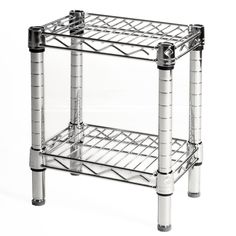 a chrome metal shelf with two shelves on one side and three legs on the other