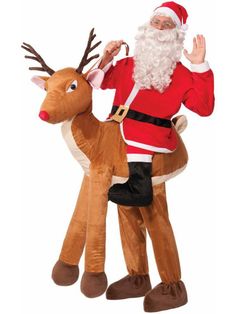 a man riding on the back of a reindeer inflatable costume with santa's helper