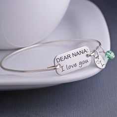 Dear Nana: I love you Bangle Bracelet #nanagift #mothersdaygift #grandmagift Jewelry Engraving, Goddess Bracelet, Graduation Jewelry, Bracelet Size Chart, Mothers Bracelet, The Bangles, Bangles Style, Engraved Bracelet, Yoga Jewelry