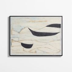 an abstract painting with black and white shapes on the wall in front of a white background