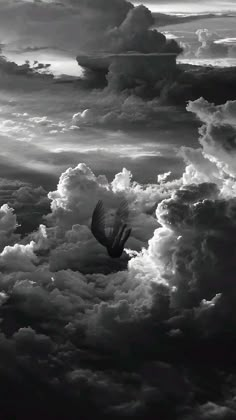 a black and white photo of a bird flying through the clouds