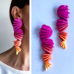 two pictures side by side, one with pink and orange paper flowers on the ear