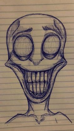 a drawing of a skull with two eyes and one eye open, on lined paper