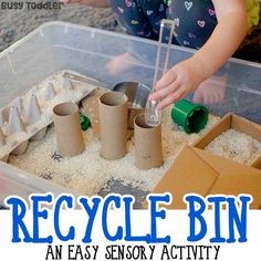 an easy activity for kids to make recycling bins with sand and toilet paper rolls