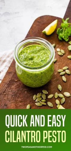 Easy homemade cilantro pesto made with fresh cilantro, pepitas, olive oil, lime juice, and garlic. Serve with grilled meats, tacos, vegetables, eggs, pasta, salads, and more! Cilantro Pesto, Pesto Dressing, Cilantro Sauce, Grilled Meats, Condiment Recipes, Veggie Dip, Homemade Pesto, Recipes Appetizers And Snacks