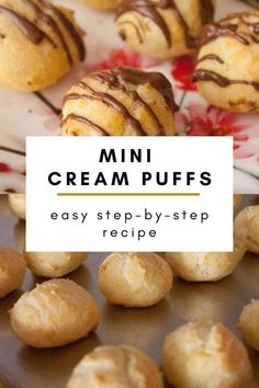 mini cream puffs with chocolate drizzled on top and the words easy step - by - step recipe below