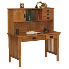 a wooden desk with drawers and an open bookcase on it's top shelf