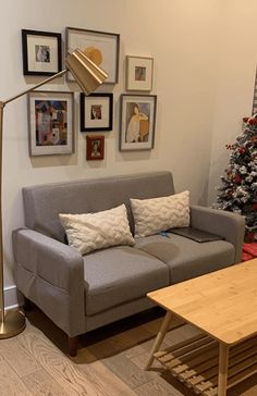 a living room with a couch, coffee table and christmas tree in front of it