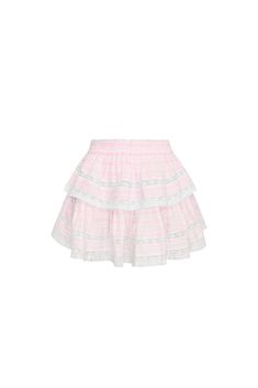 Our best-selling Ruffle Mini Skirt returns for the summer with a blue-and-stripe fabric. She features intricate inset lace trims and allover pintuck details. The elasticated waistband and double lining offers flexibility in comfort and styling. Tiered ruffles exude effortless femininity. The mini is finished with a frayed, raw hem for added playfulness. Blue Cherry, Ruffle Mini Skirt, Stripe Fabric, Lace Trims, Pink Clouds, Pink Ruffle, Lace Inset, Pink Skirt, Liberty Fabric