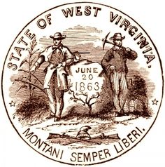 the seal for the state of west virginia, with two men standing next to each other