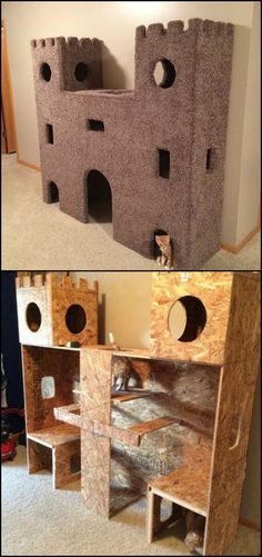 two pictures showing the inside and outside of a cat house