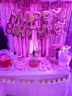 a table topped with lots of pink and gold balloons next to a sign that says happy birthday