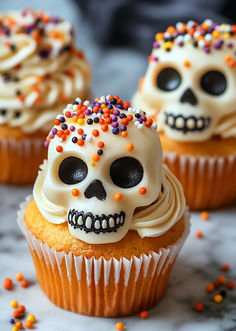 Spooky Halloween Skull Cupcake with Cream and Spinkles White Halloween Cupcakes, Skeleton Cupcake Cake, Halloween Cupcakes Design, Witch Cupcakes Halloween, Brain Cupcakes Halloween, Cupcake Halloween Decoration, Halloween Finger Food Ideas, Skeleton Cupcakes, Cupcakes Decoration Ideas