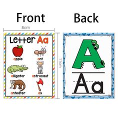 two posters with different letters and numbers for the same letter, each one has an image of