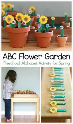 an alphabet activity for kids to practice the abc flower garden with flowers and plants in clay pots