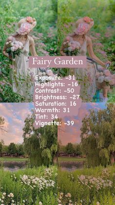 three pictures of flowers and trees in the grass with text overlay that reads fairy garden