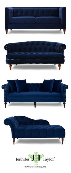 three different types of blue velvet couches