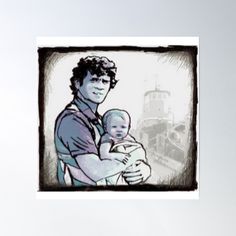 a drawing of a man holding a baby in his arms with a ship in the background