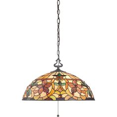 a stained glass hanging light fixture with chain attached to the bottom and an orange flower design on