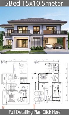 two story house plan with 3 beds and 1 5 meters from the ground level, it has