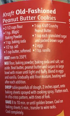 the instructions for how to make old - fashioned peanut butter cookies on a red plate