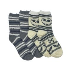 Two pairs of socks inspired by the Nightmare before Christmas.

One is a grey sock with black and white stripes.

The other is a white sock featuring black stripes, a motif of Jack Skellington above the ankle, and bats and bones on the lower part. White Novelty Socks For Winter, Novelty White Socks For Winter, Nightmare Before Christmas 2, Gift For Bridesmaids, Spring Breakers, Fluffy Socks, Candy Christmas Decorations, Fuzzy Socks, Cozy Socks