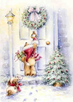 a painting of a teddy bear and christmas tree