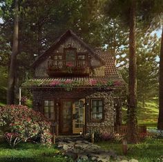 a painting of a house in the woods with flowers growing on it's roof