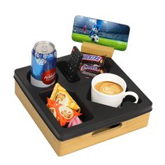 a tray with drinks and snacks on it