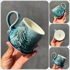 a hand holding a blue ceramic cup and saucer with designs on the outside, inside and out