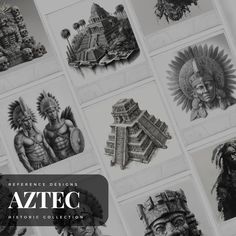 many different types of tattoos and headdresses are shown in black and white