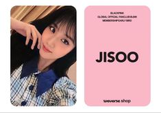 an advertisement for jisoo is shown in pink and black, with the image of a woman's face