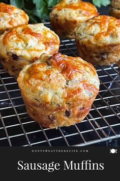 sausage muffins on a cooling rack with herbs in the background and title text overlay