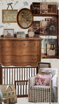 a baby's room with an old fashioned dresser, crib and bookshelf