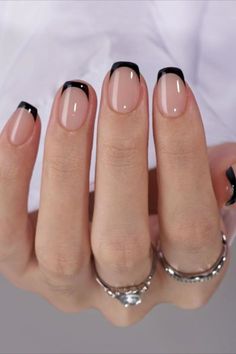 #nails #short nail designs #short square nails #square nails Black Manicure Short Design, Black Tip Manicure Ideas, Black Tie Nails Classy Simple, Short Nails With Tips, Short Squoval Gel Nails, Natural Length Nail Designs, Nails To Show Off Engagement Ring, Simple Nails Short Black, Black French Tip Natural Nails