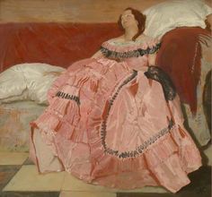 a painting of a woman in a pink dress sitting on a red couch next to a white bed