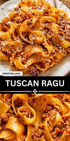 two plates with pasta and sauce on them next to the words tuscani ragu