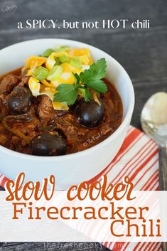 slow cooker firecracker chili in a white bowl on a red and white napkin