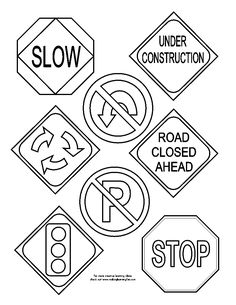 various road signs are shown in black and white, including stop, under construction, road closed ahead, no parking