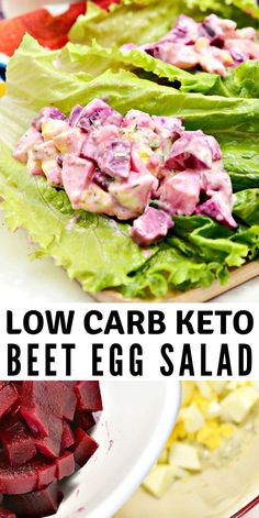 lettuce and beet salad with text overlay that reads low carb keto beet egg salad