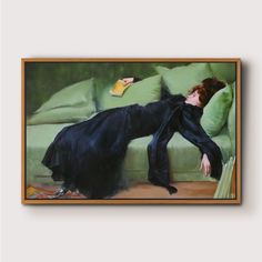 a painting of a woman laying on top of a green couch with her head down