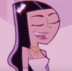 an animated woman with long black hair and gold necklace smiling at someone in the background