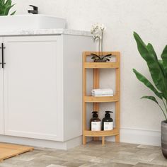 a bathroom with a sink and wooden shelves