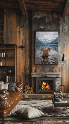 a living room with wood paneling and a painting hanging on the wall next to a fire place