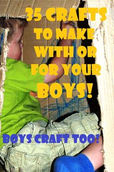 a young boy sitting in a cardboard box with the words, 5 crafts to make with or for your boys